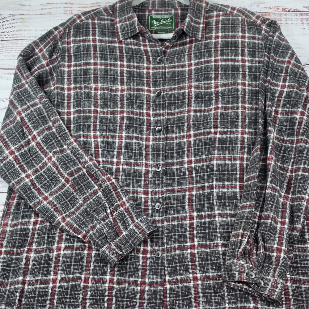 Woolrich Flannel Shirt Womens XL Grey Red Plaid Excellent Cotton Button Down